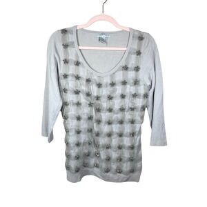 ALBERTO MAKALI Rhinestone Embellished Tulle Holiday‎ Scoop Neck Sweater Large
